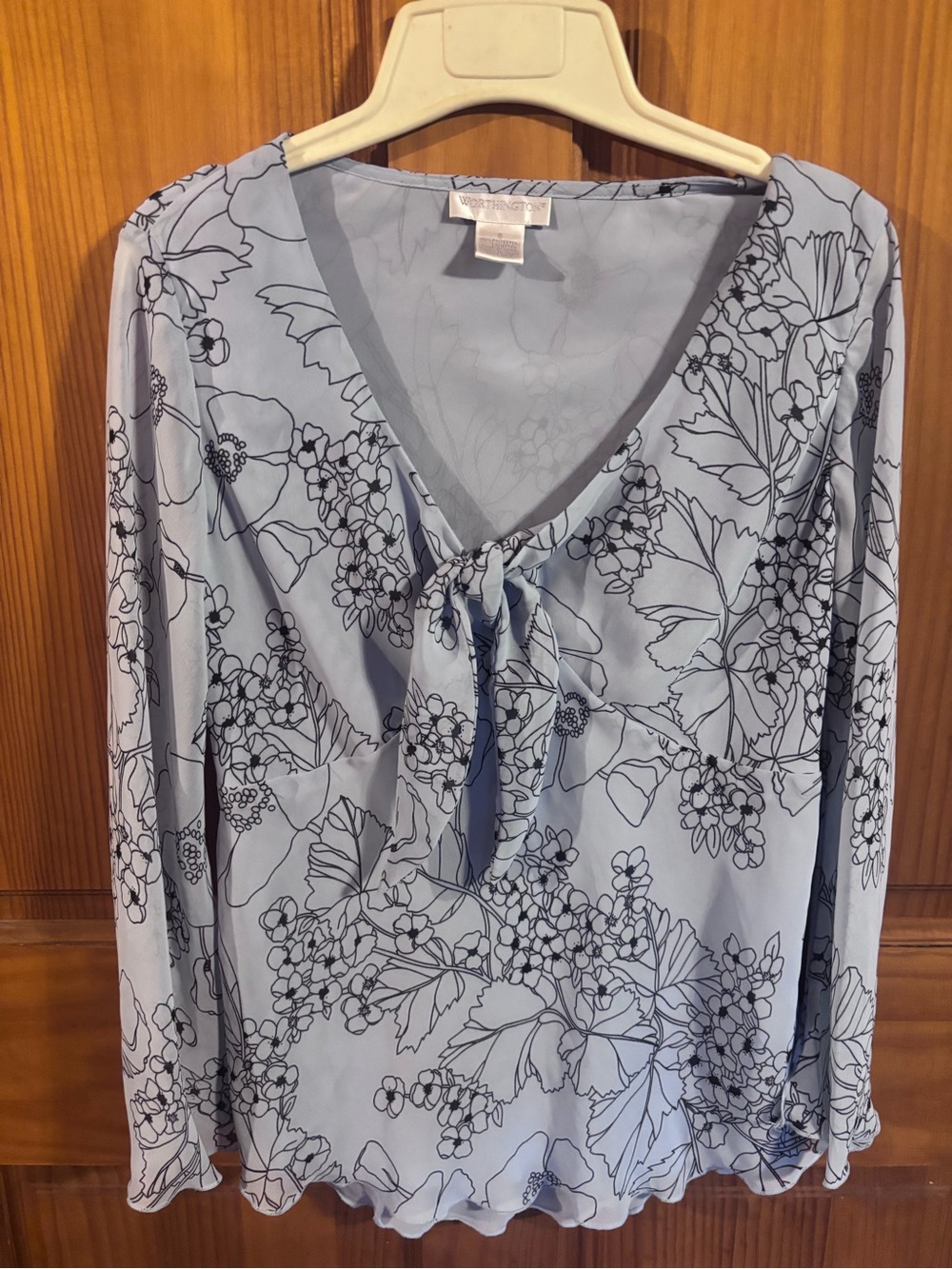 Worthington Light Blue Floral Tie-Neck Top